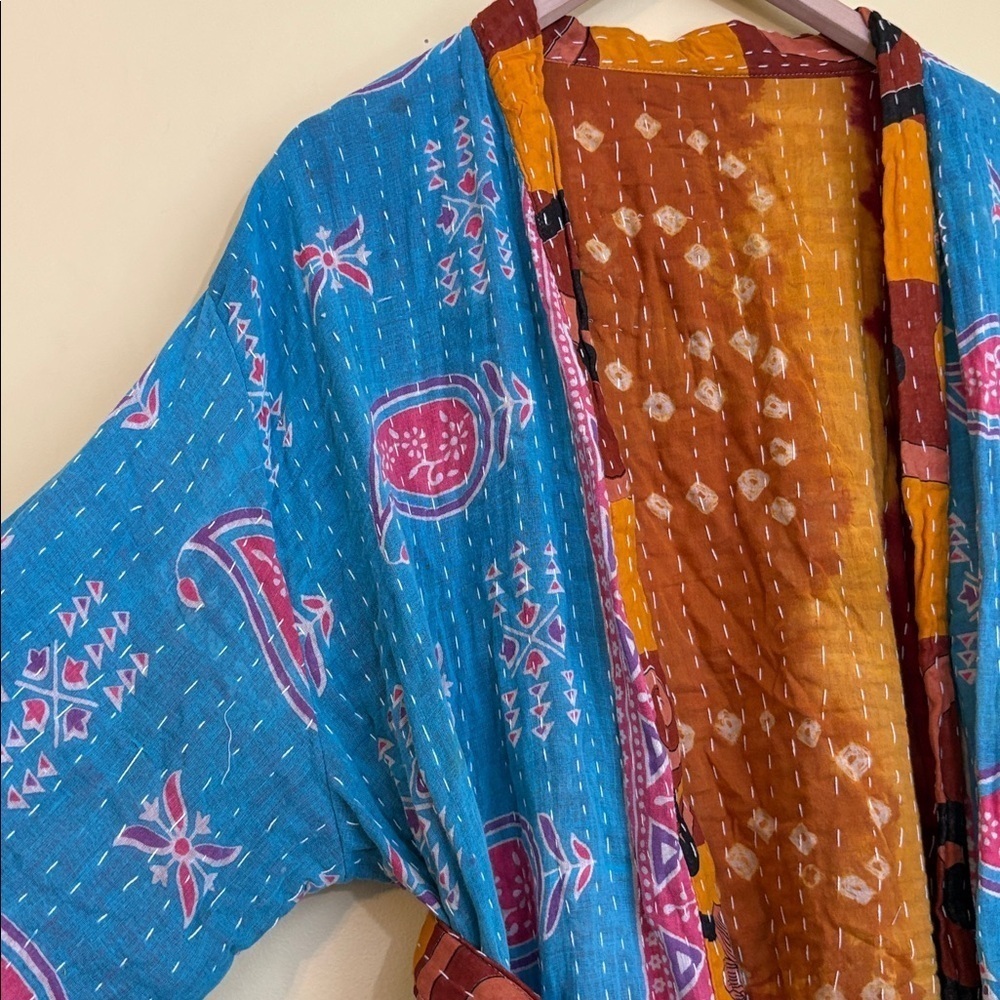 Handmade India Kantha Stitch Cotton Floral Contrast Tie Pockets Duster Cardigan - Picture 14 of 17